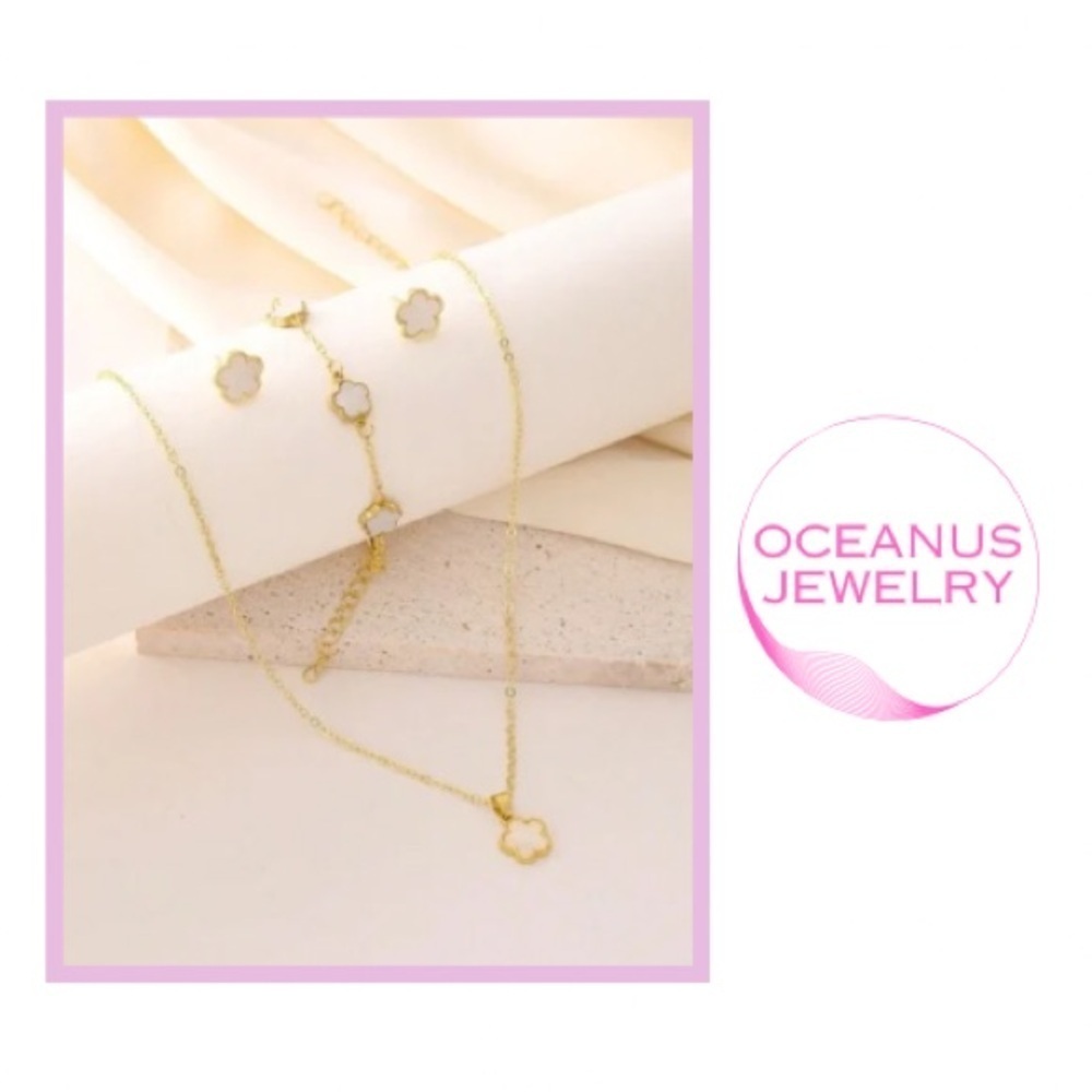 - Oceanus Jewelry Gold Clover Necklace and Earrings Set